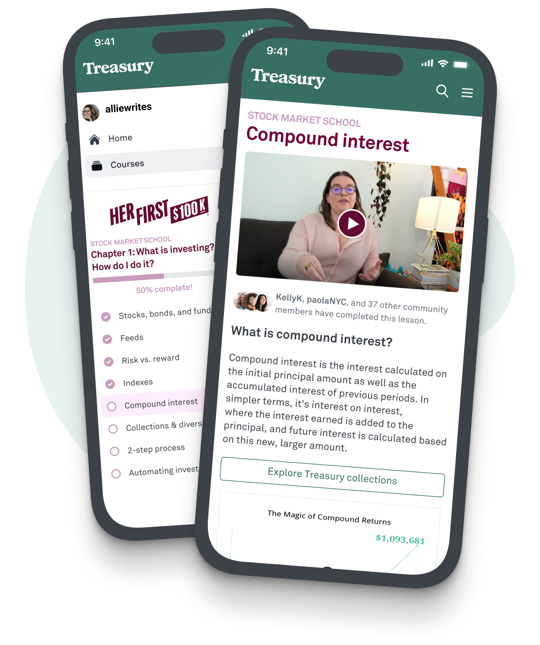 Example screens of an instructional course, viewed on mobile phones.