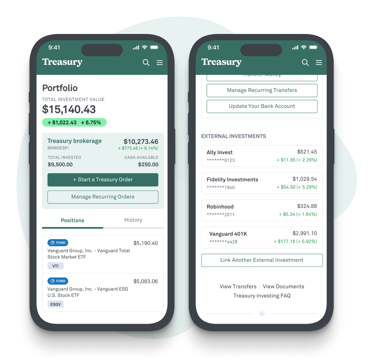 Examples of Treasury's portfolio management interface, shown on mobile phones.